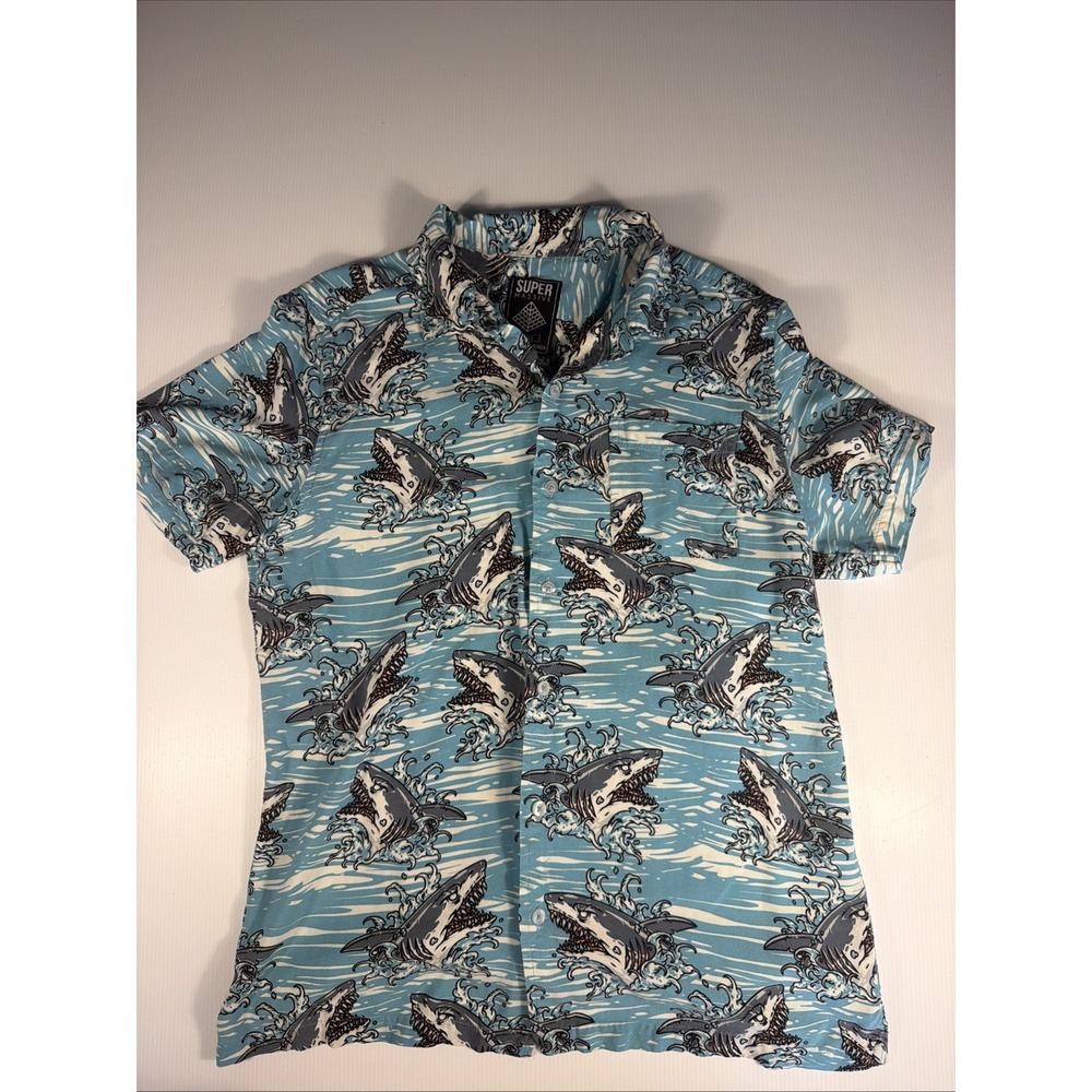 Super Massive Small Blue Shark Graphic Print Short Sleeve Button-Up Shirt